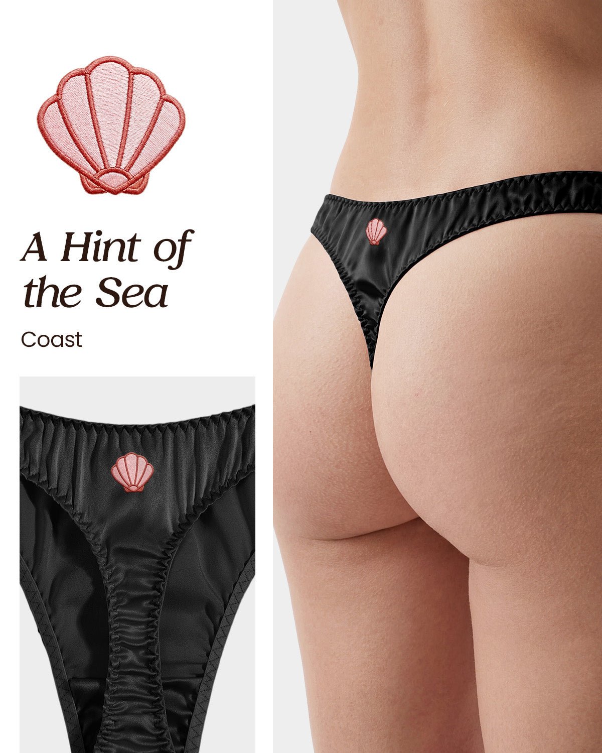 FEELITS SPA34 Embroidered Silk Low - Rise T - Back Thong Panties – 100% Mulberry Silk, Ocean - Inspired Motifs - FEELITS