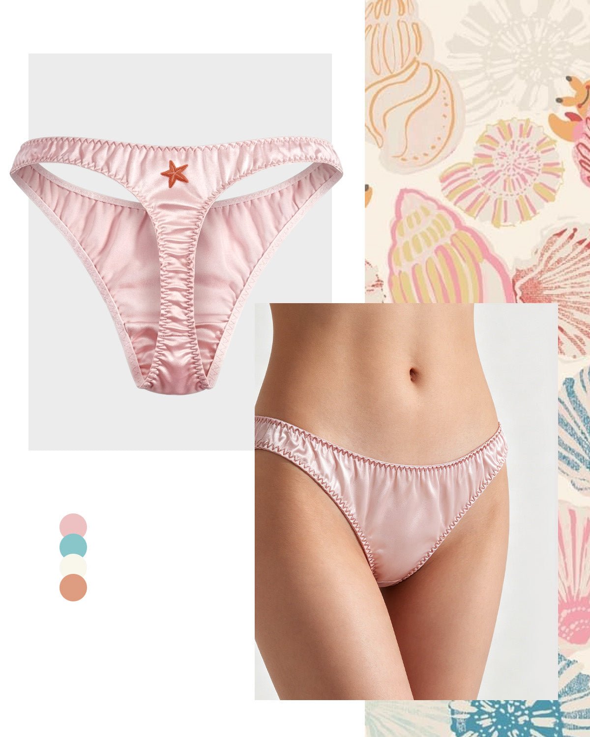 FEELITS SPA34 Embroidered Silk Low - Rise T - Back Thong Panties – 100% Mulberry Silk, Ocean - Inspired Motifs - FEELITS