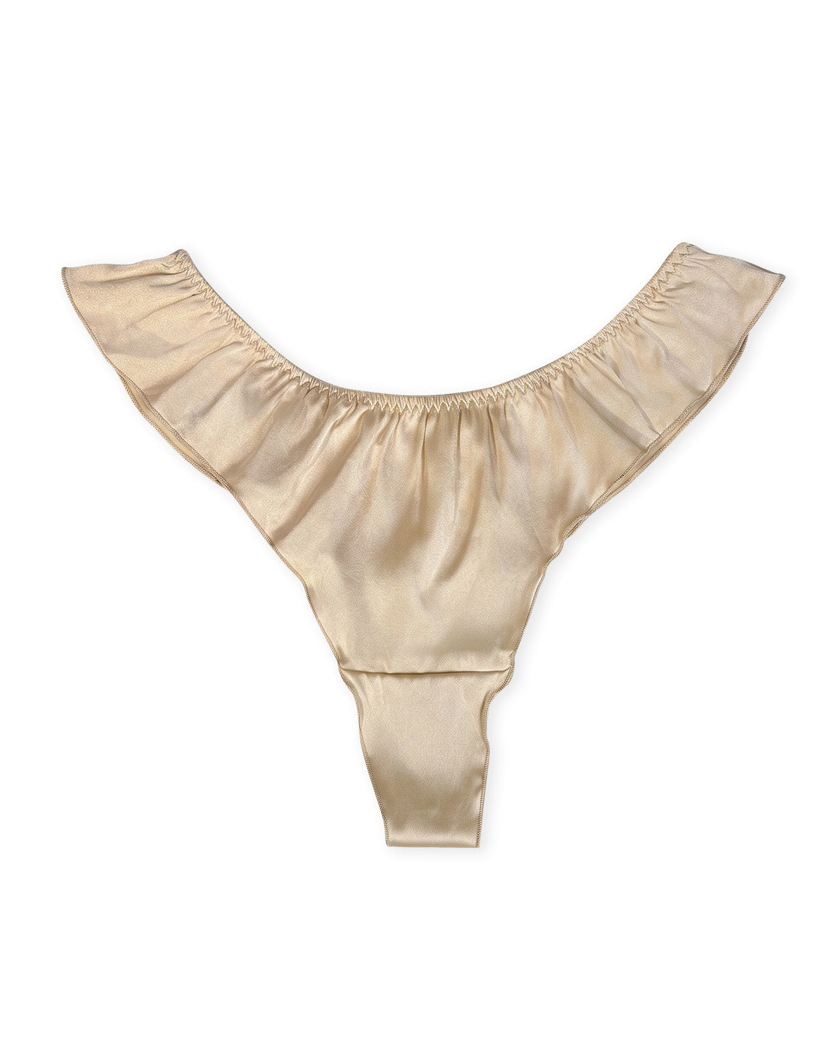 FEELITS TH14 Champagne low-rise ruffle silk cheeky thong, flat lay #Color_Champagne