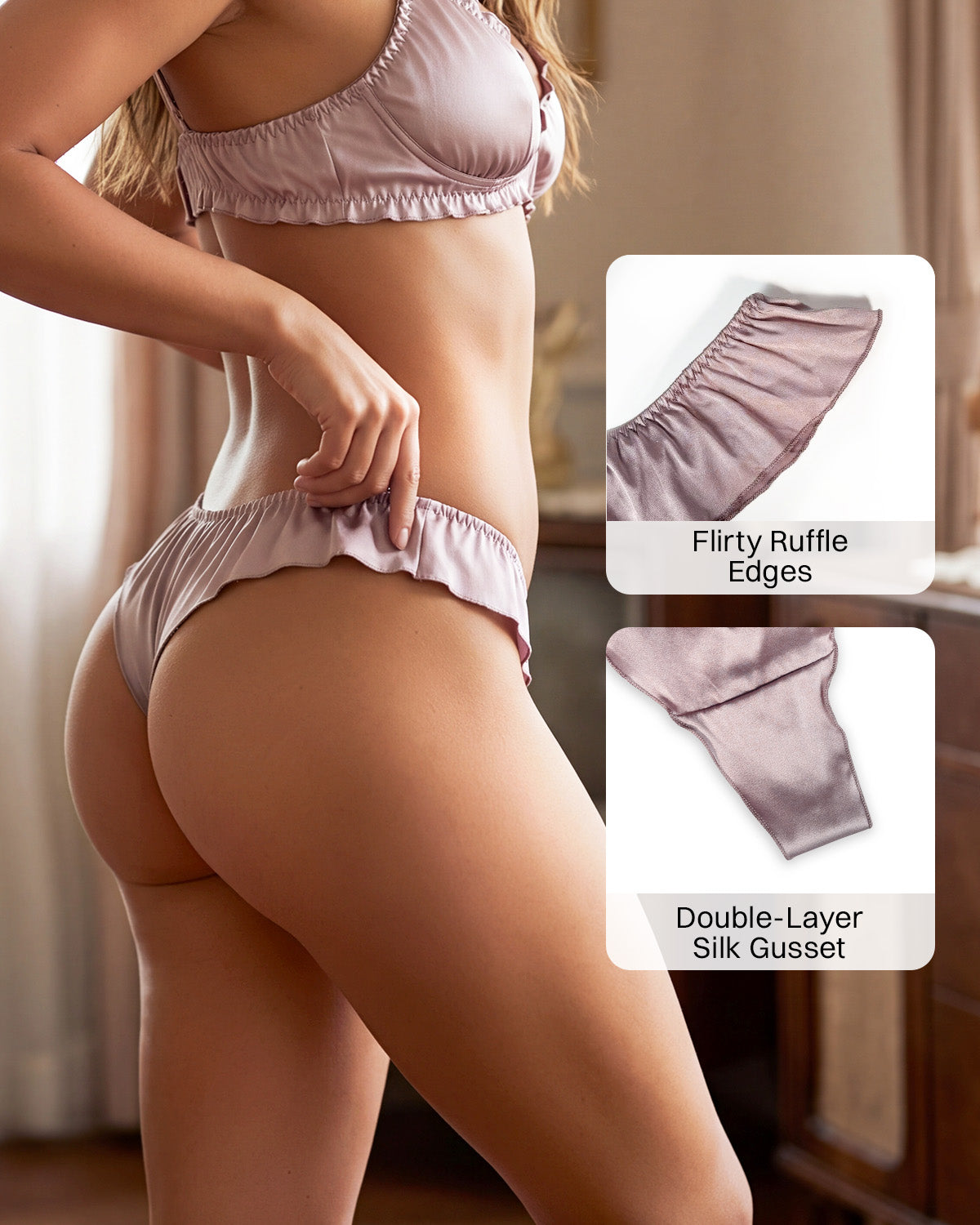 FEELITS TH14 Pink low-rise ruffle silk cheeky thong, model back detail #Color_Pink