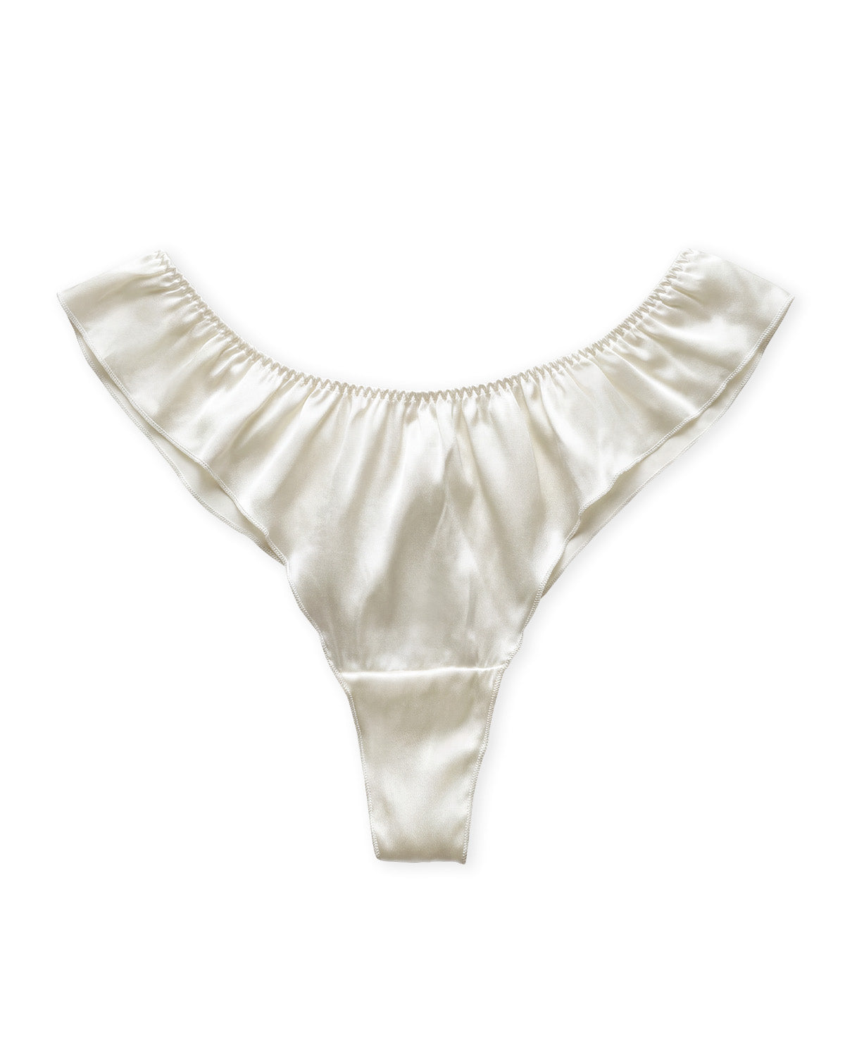 FEELITS TH14 White low-rise ruffle silk cheeky thong, flat lay #Color_White