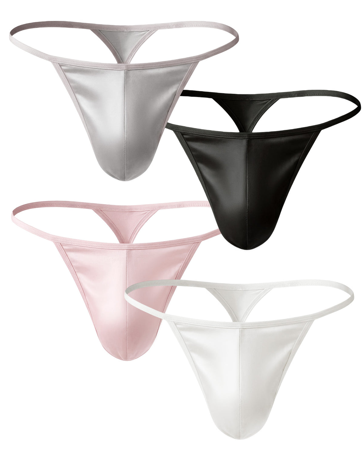 FEELITS THM01 four-color mulberry silk T-back thong pack for men in silver, pink, white and black - white-background product view #Color_4-Pack