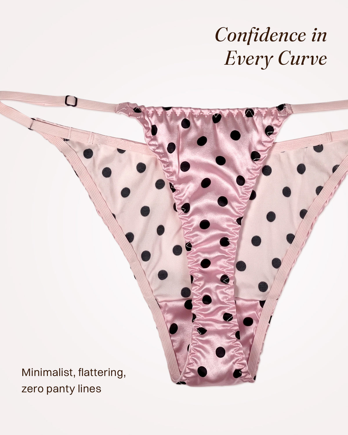 FEELITS THP01 blush polka dot V-front silk thong — front and back