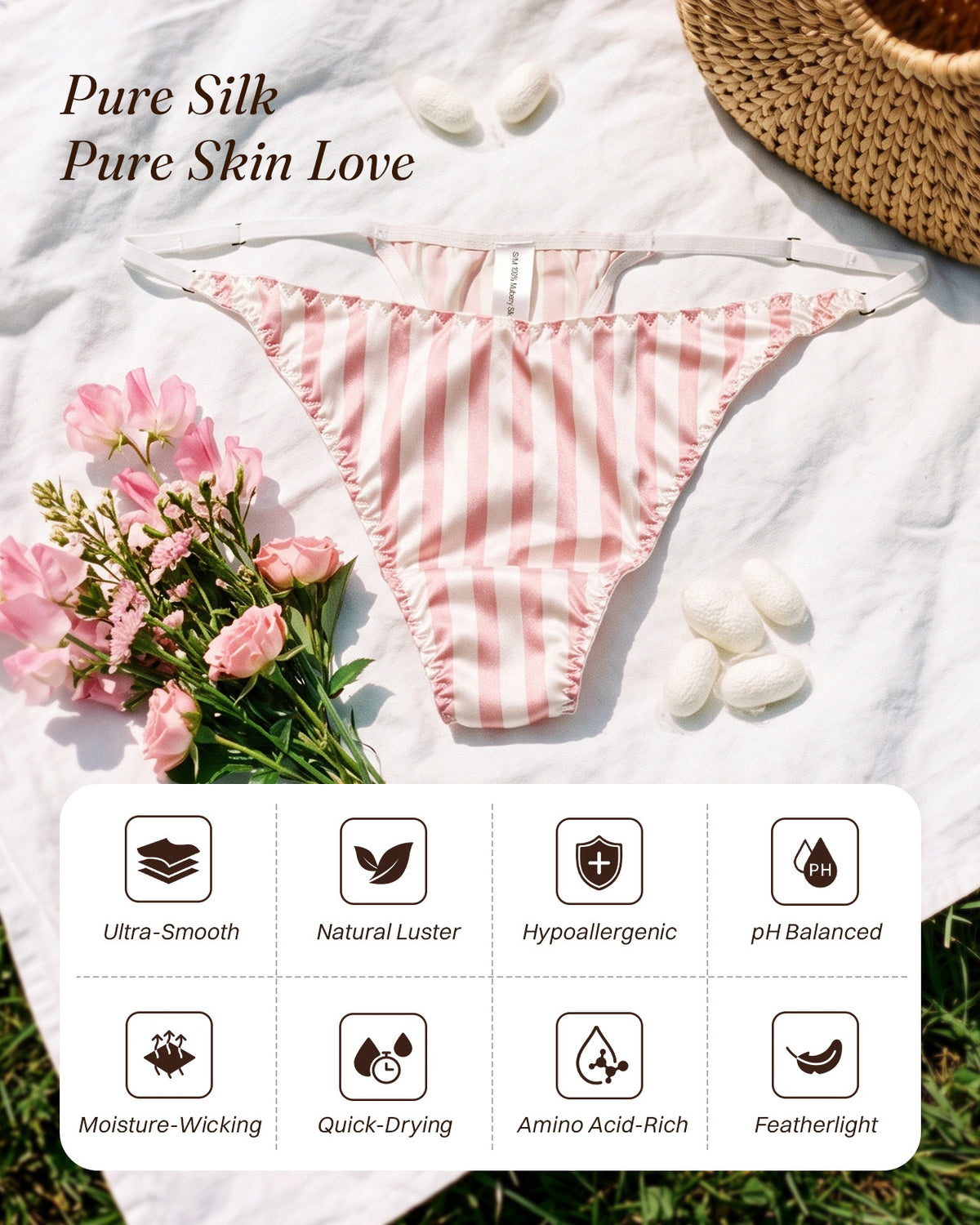 FEELITS THP01 blush stripe V-front silk thong — benefits