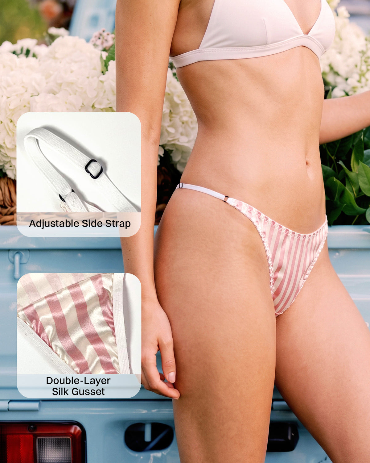 FEELITS THP01 blush stripe V-front silk thong — details