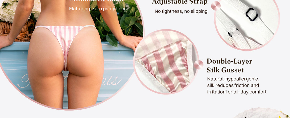 V-front, thong back, adjustable side straps and silk gusset
