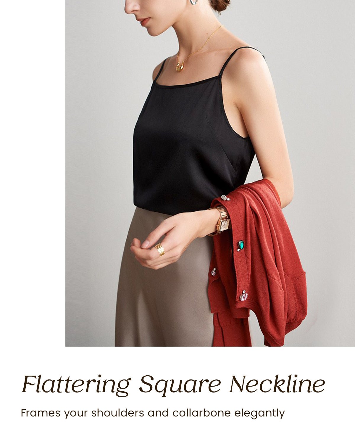 FEELITS TK07 22 Momme Mulberry Silk Tank Top – Square Neck Layering Cami with Adjustable Straps - FEELITS