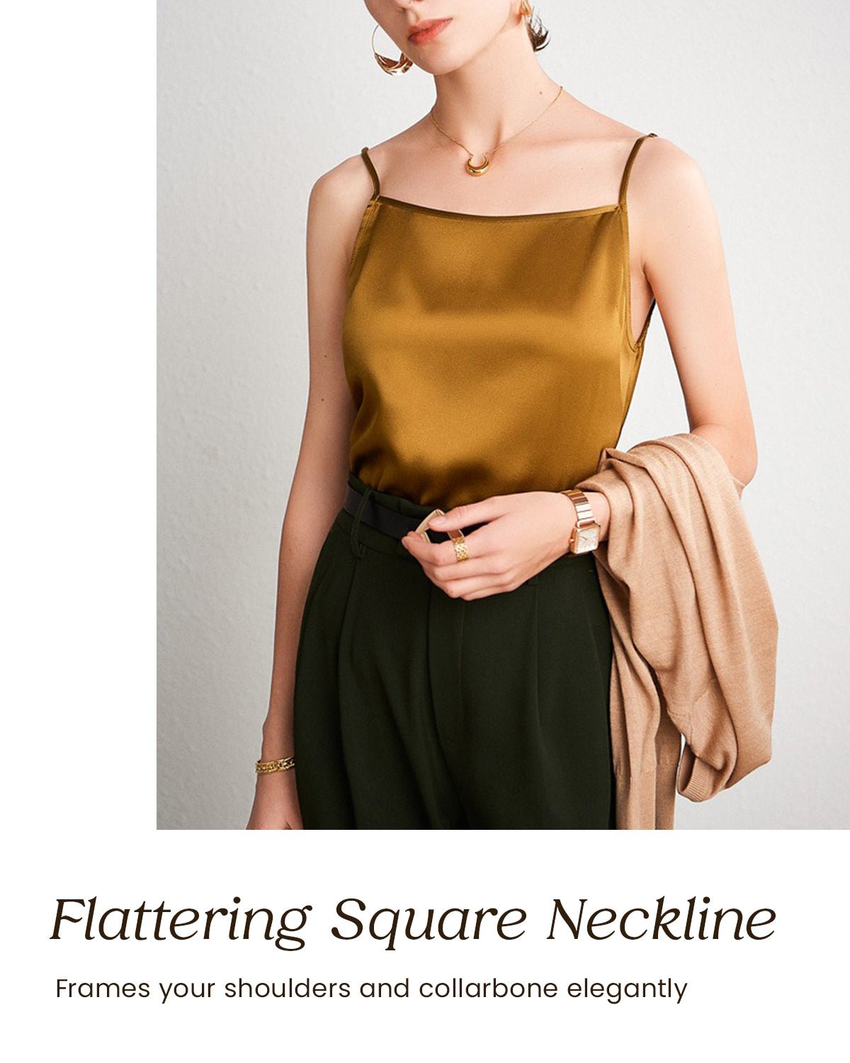 FEELITS TK07 22 Momme Mulberry Silk Tank Top – Square Neck Layering Cami with Adjustable Straps - FEELITS