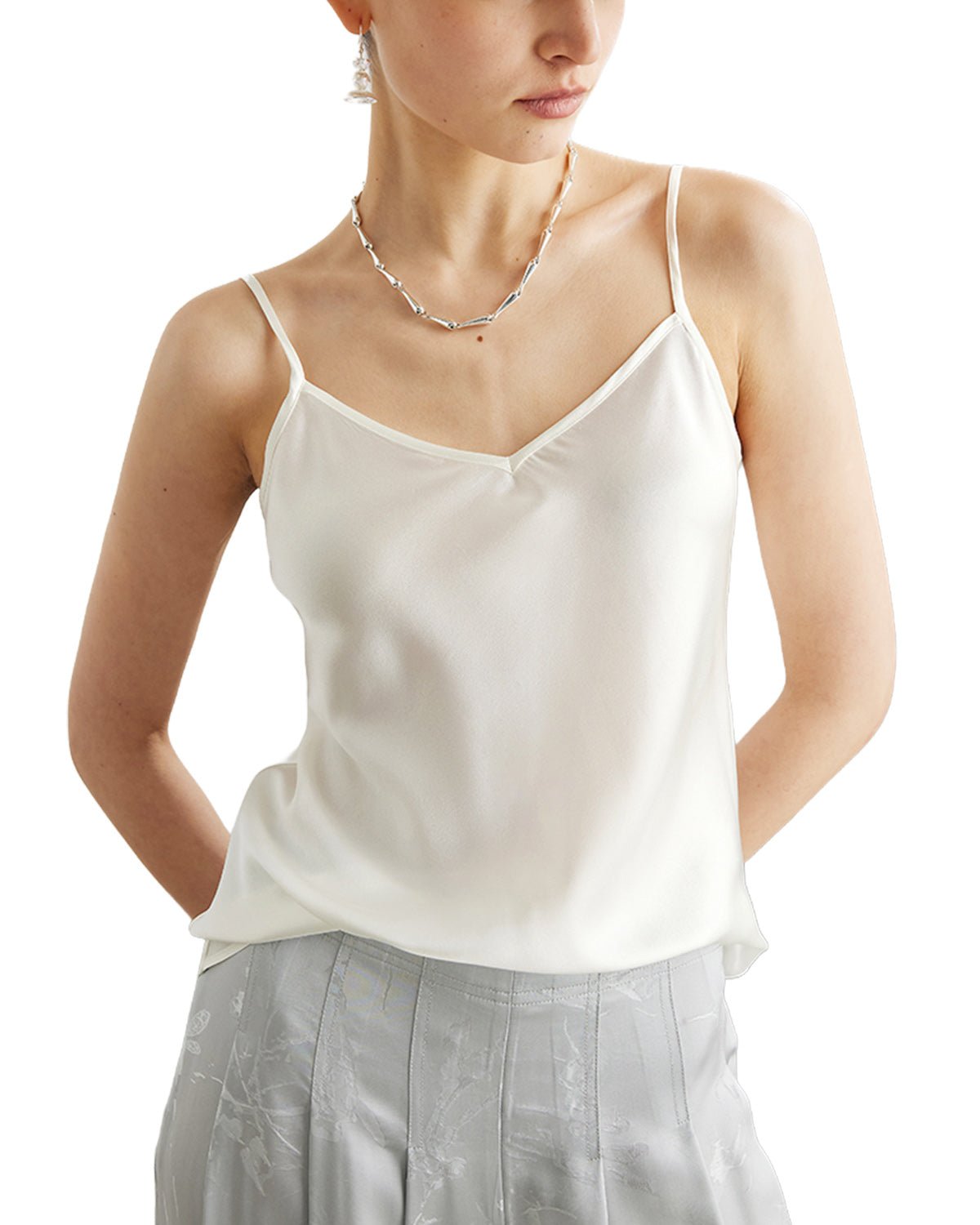 FEELITS TK08 22 Momme Mulberry Silk Crop Top – V-Neck Camisole with Adjustable Spaghetti Straps - FEELITS