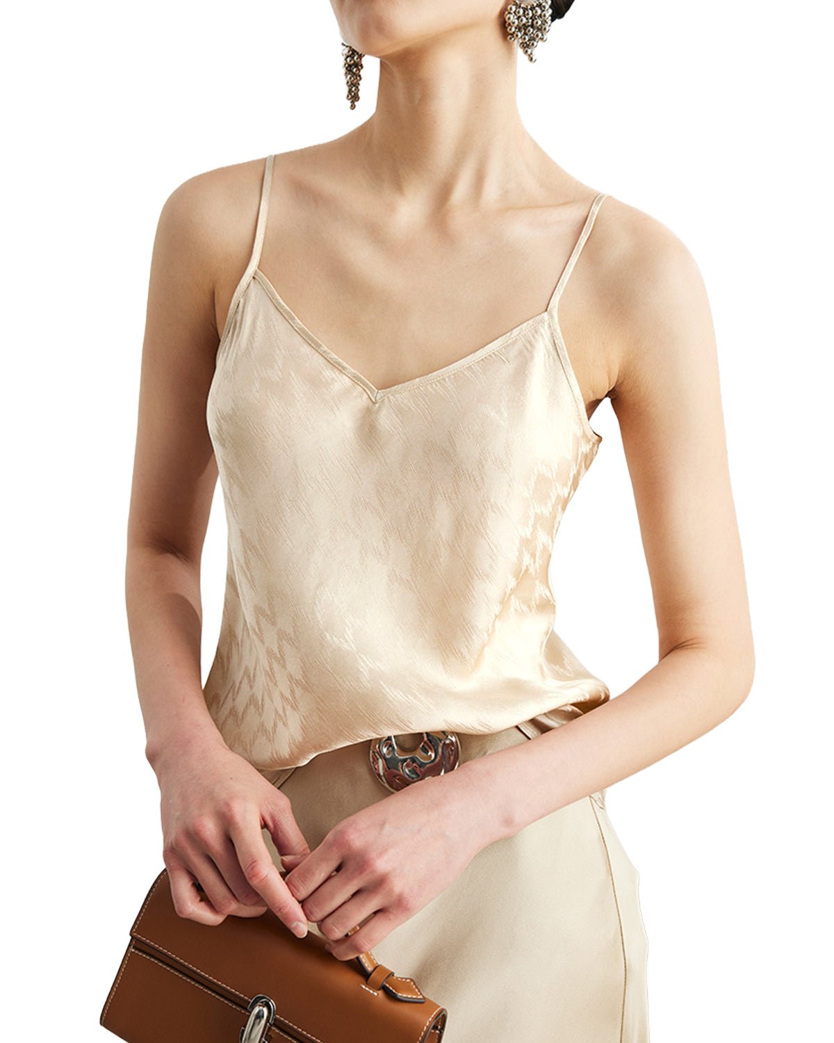FEELITS TK09 22 Momme Jacquard Mulberry Silk Cami – V-Neck Tank Top with Adjustable Straps - FEELITS