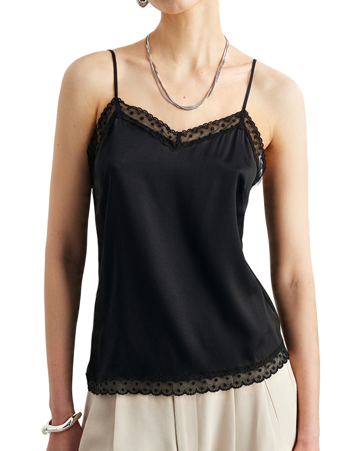 FEELITS TK10 22 Momme Mulberry Silk Crop Cami – Lace V-Neck Tank with Adjustable Spaghetti Straps - FEELITS