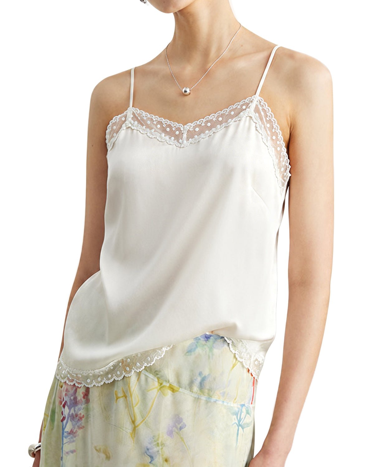 FEELITS TK10 22 Momme Mulberry Silk Crop Cami – Lace V-Neck Tank with Adjustable Spaghetti Straps - FEELITS