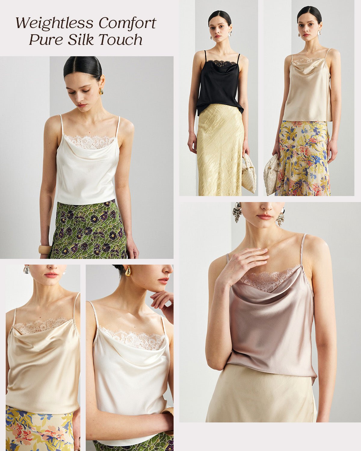 FEELITS TK11 22 Momme Mulberry Silk Cami – Cowl Neck Lace-Trim Tank with Adjustable Spaghetti Straps - FEELITS