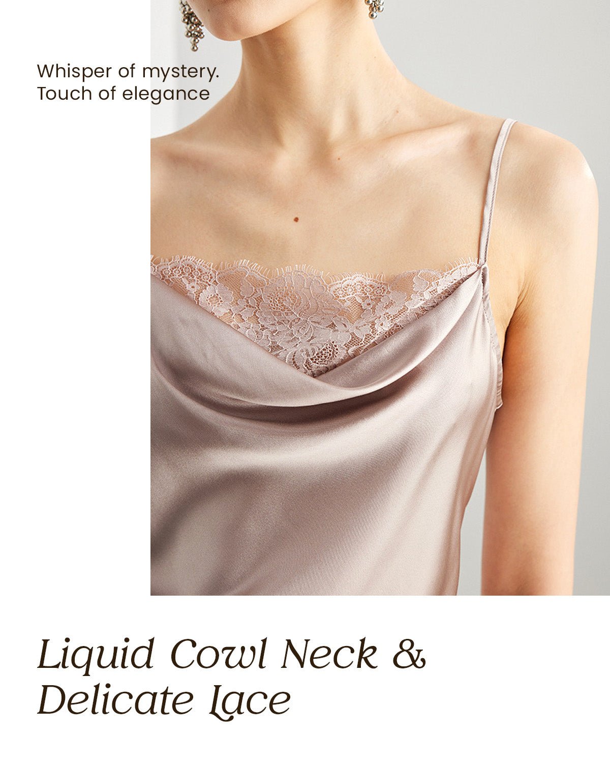 FEELITS TK11 22 Momme Mulberry Silk Cami – Cowl Neck Lace-Trim Tank with Adjustable Spaghetti Straps - FEELITS