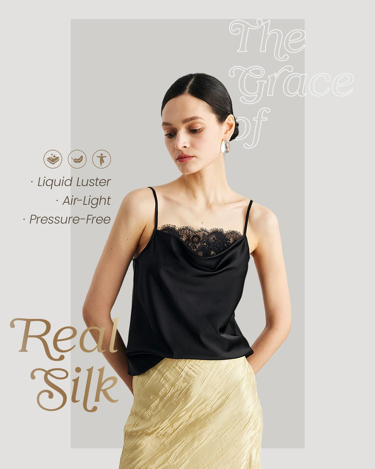 FEELITS TK11 22 Momme Mulberry Silk Cami – Cowl Neck Lace-Trim Tank with Adjustable Spaghetti Straps - FEELITS