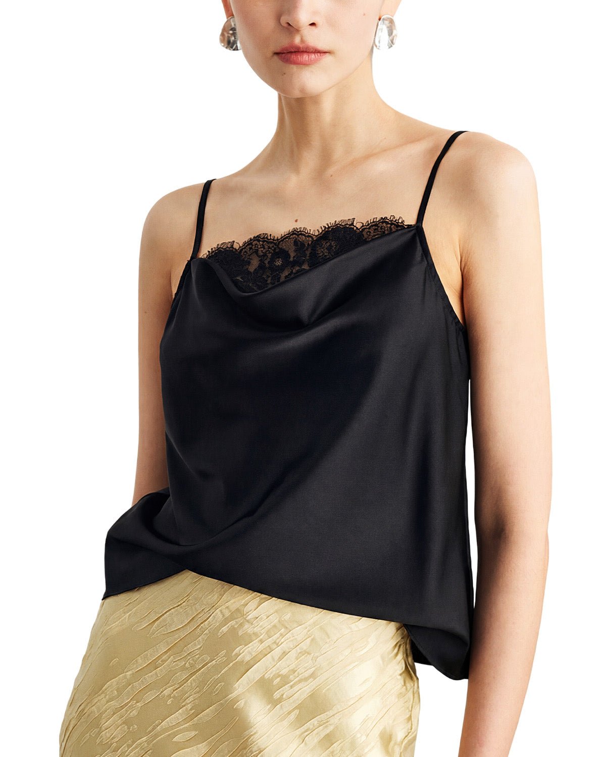 FEELITS TK11 22 Momme Mulberry Silk Cami – Cowl Neck Lace-Trim Tank with Adjustable Spaghetti Straps - FEELITS