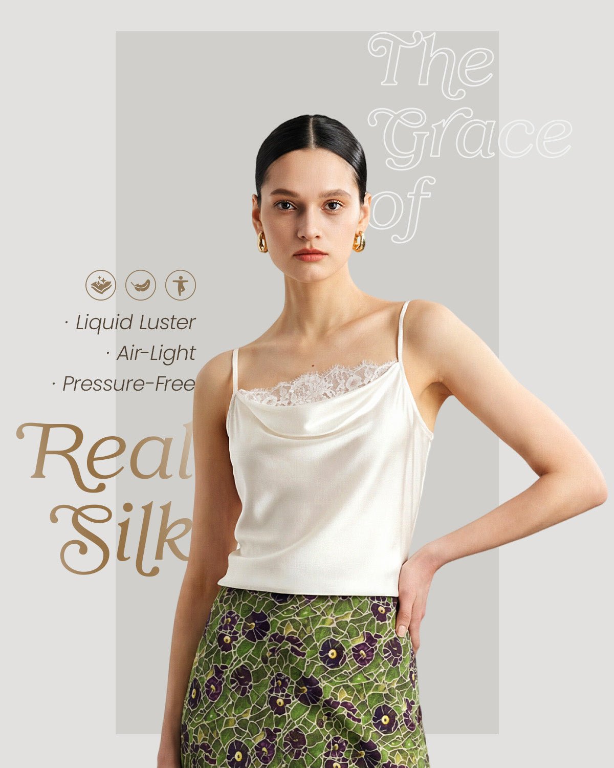 FEELITS TK11 22 Momme Mulberry Silk Cami – Cowl Neck Lace-Trim Tank with Adjustable Spaghetti Straps - FEELITS