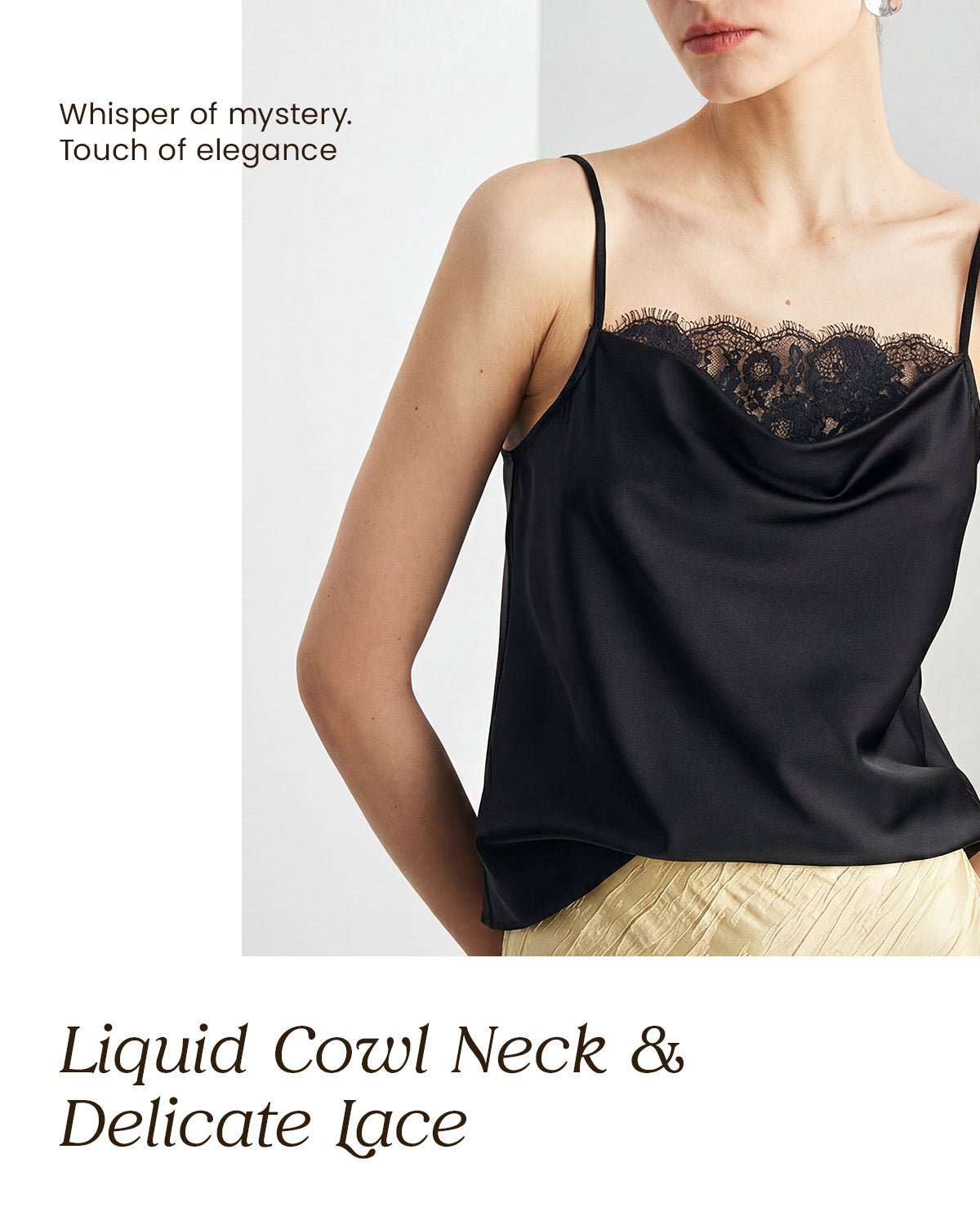 FEELITS TK11 22 Momme Mulberry Silk Cami – Cowl Neck Lace-Trim Tank with Adjustable Spaghetti Straps - FEELITS