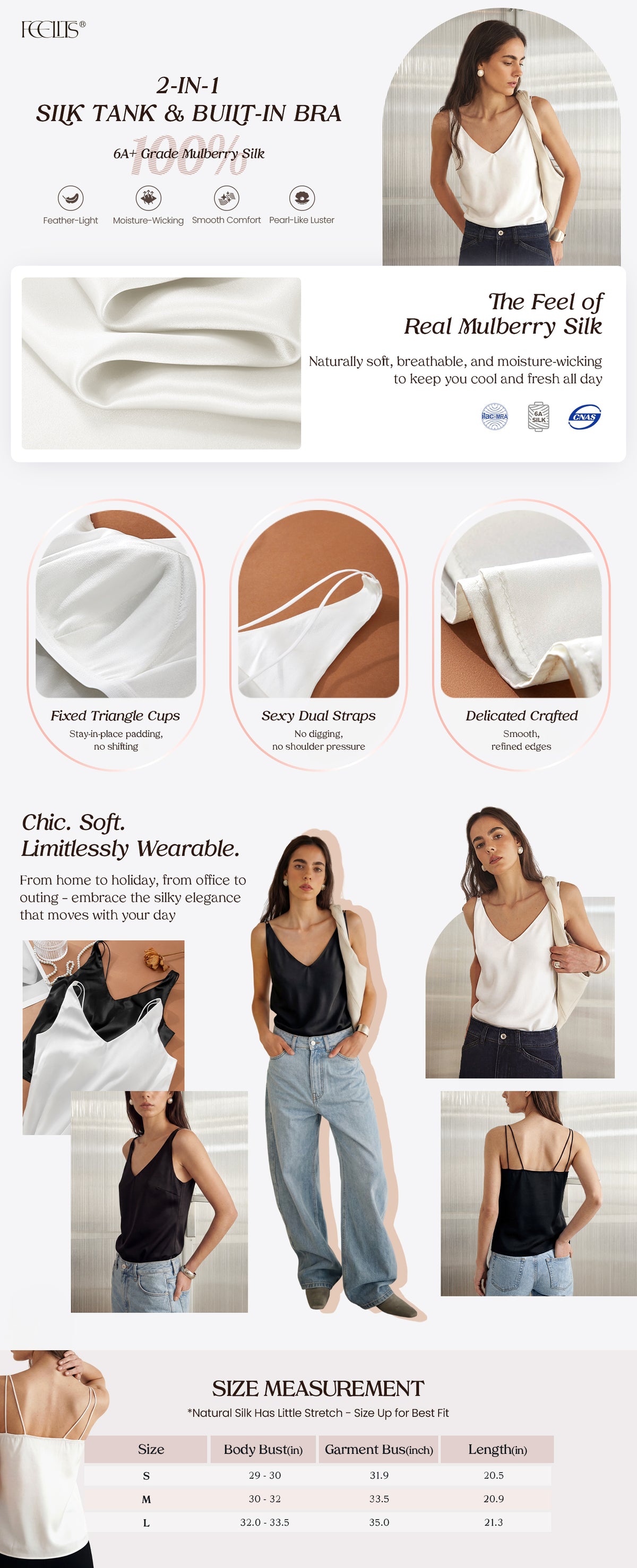 TK17 silk camisole details and updated body bust, garment bust and length size guide