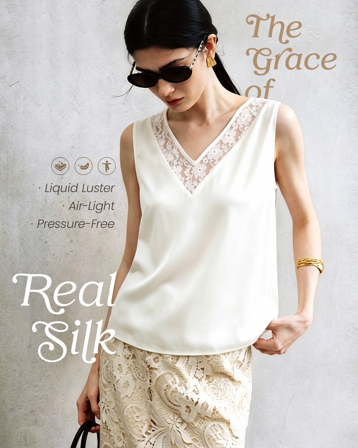 FEELITS TK20 22 Momme Silk Lace Cutout V-Neck Tank Top - FEELITS