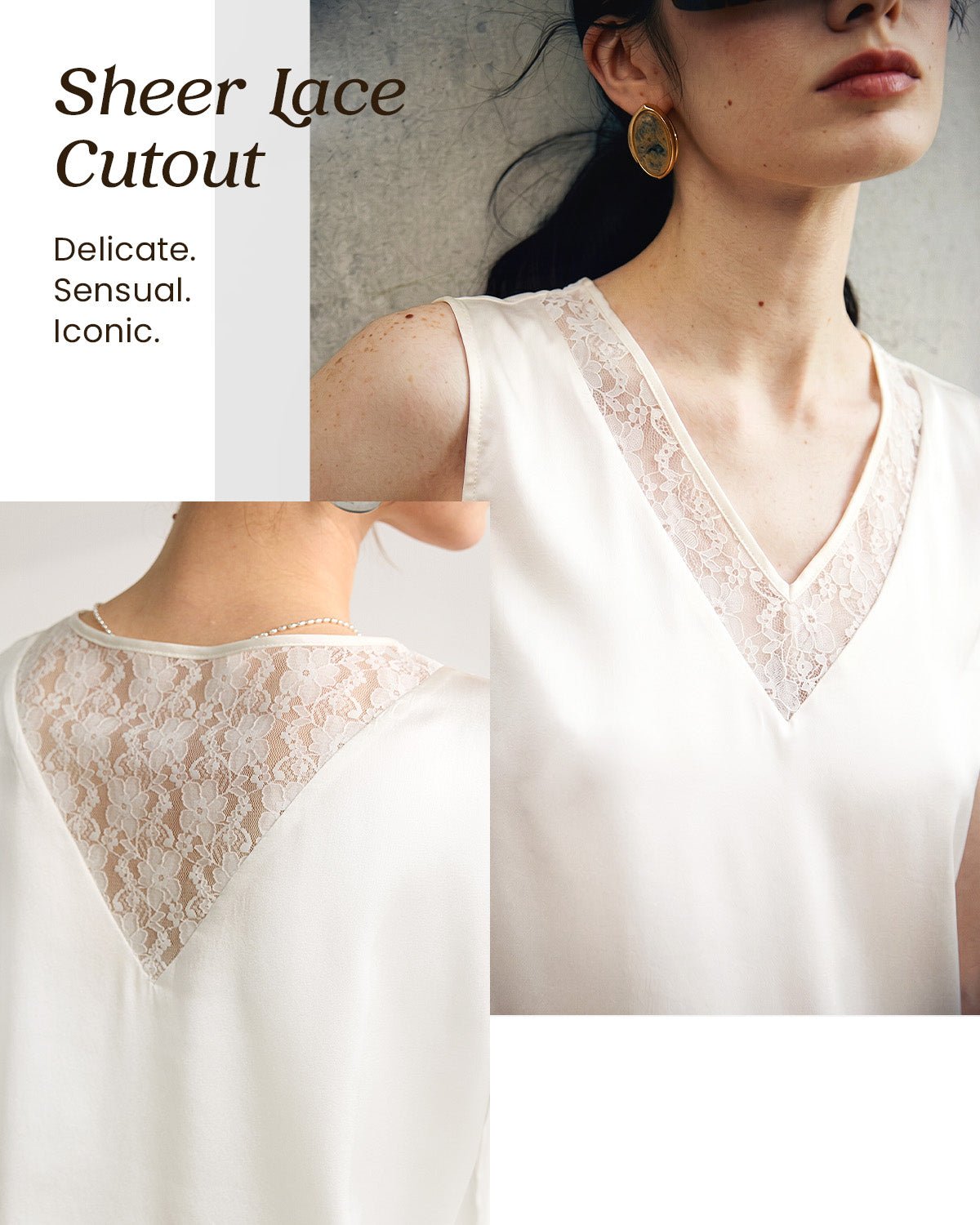 FEELITS TK20 22 Momme Silk Lace Cutout V-Neck Tank Top - FEELITS