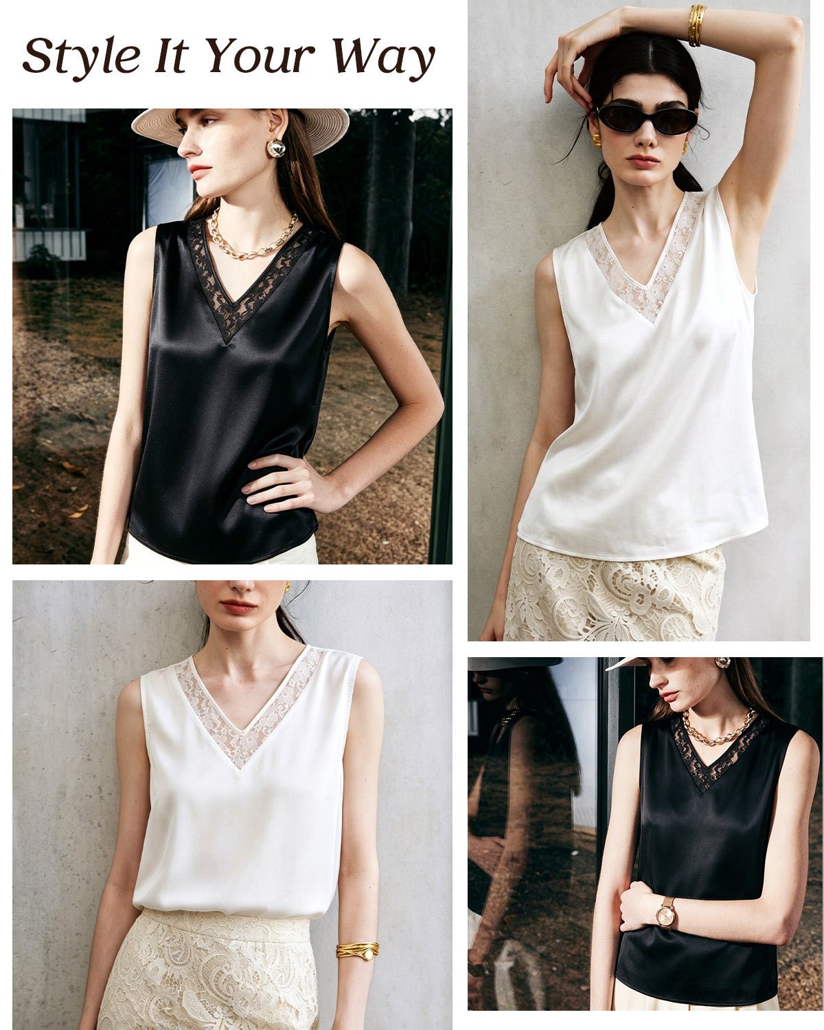 FEELITS TK20 22 Momme Silk Lace Cutout V-Neck Tank Top - FEELITS