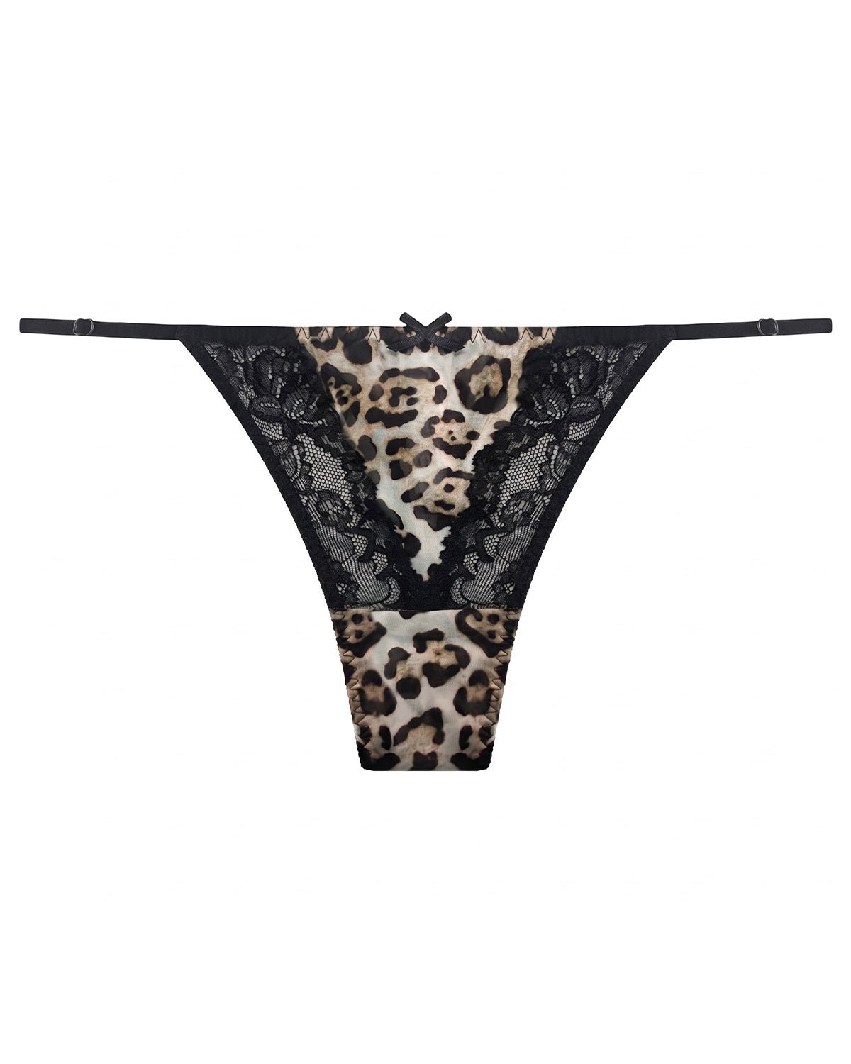FEELITS YF04 Leopard Lace Silk T-Back Panties - 100% Mulberry Silk, Adjustable Straps - FEELITS