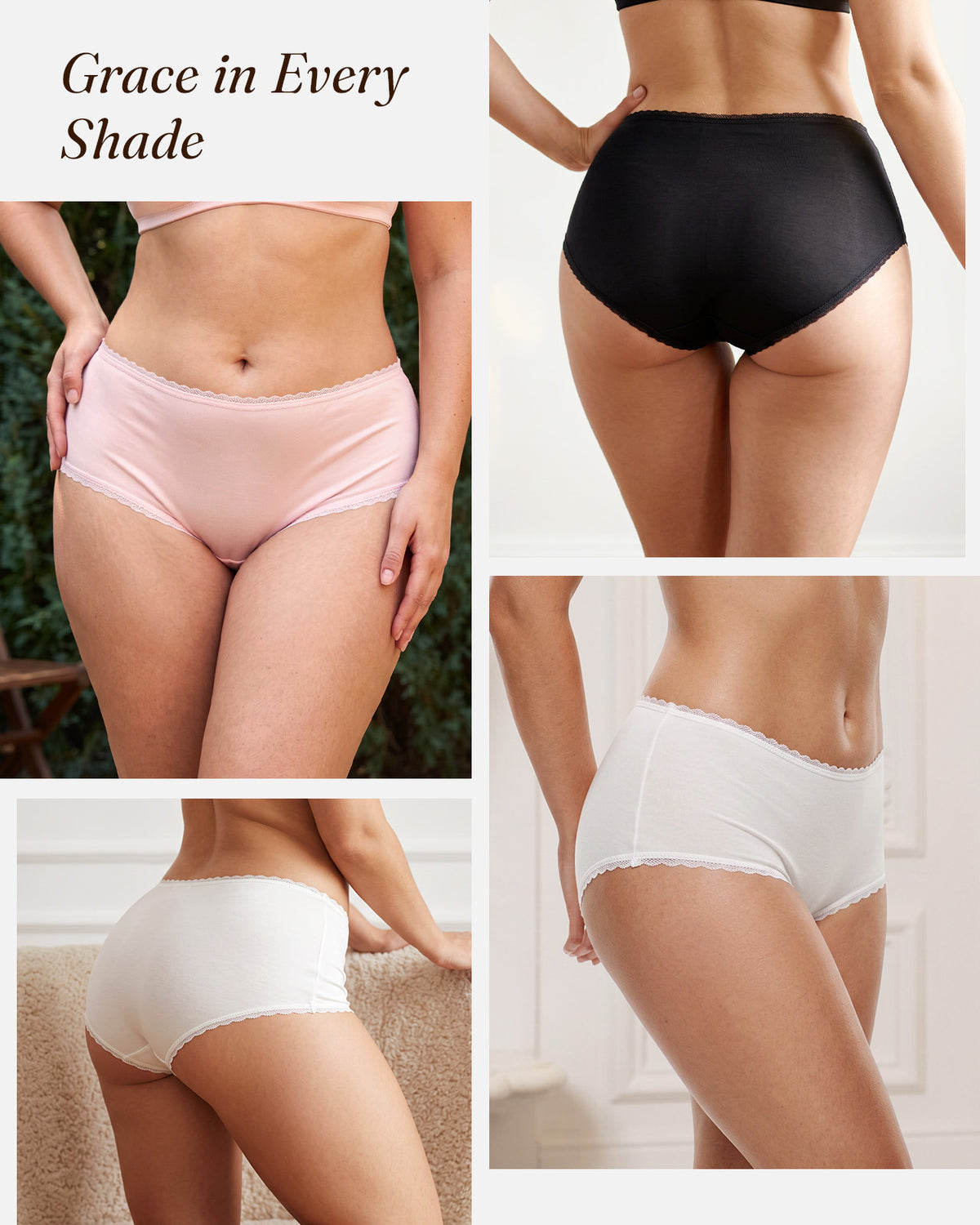 FEELITS KN36 silk panties shown on models in black, pink and white, with front and back views.