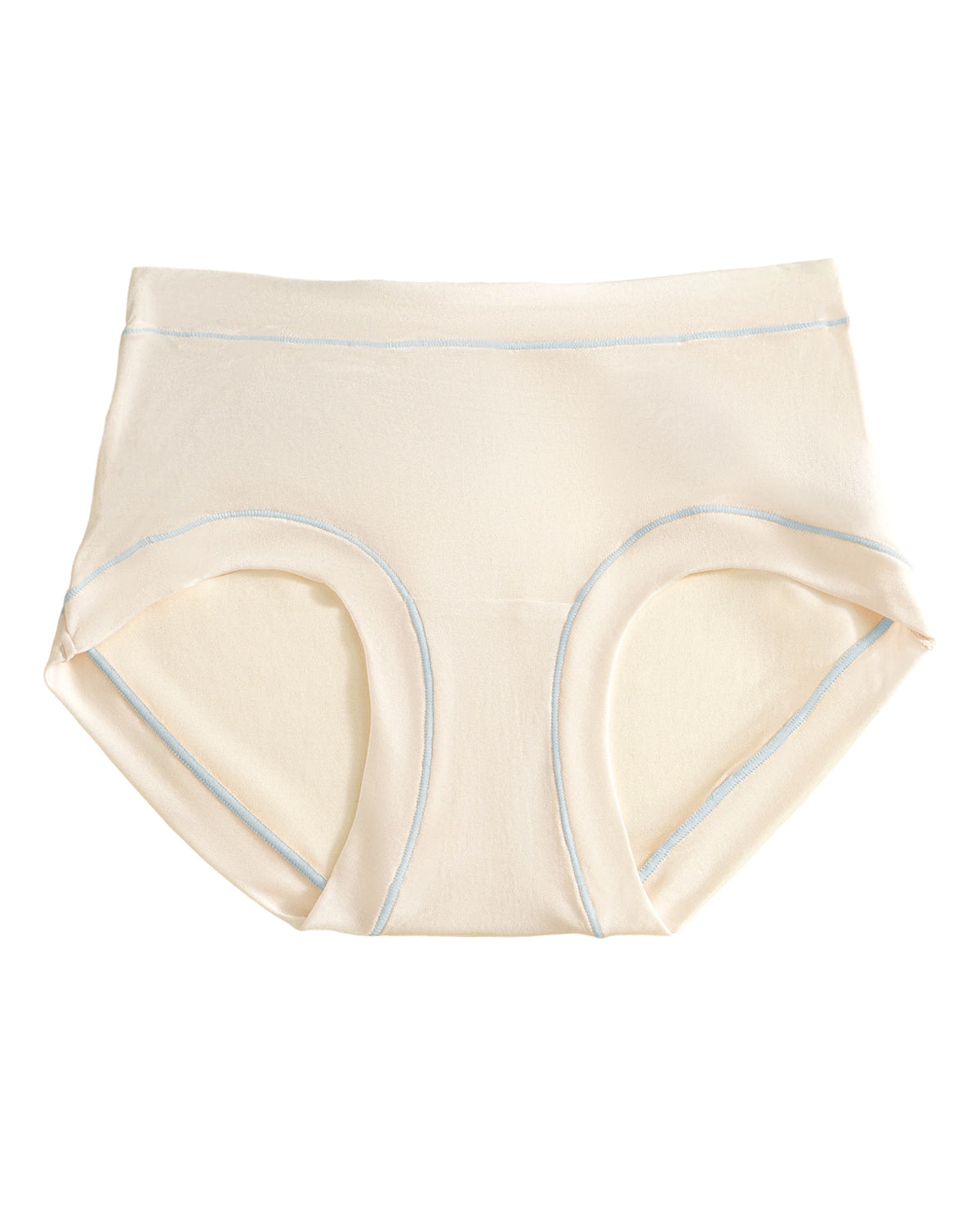 Champagne full-coverage silk briefs laid flat, showing pale blue contrast stitching