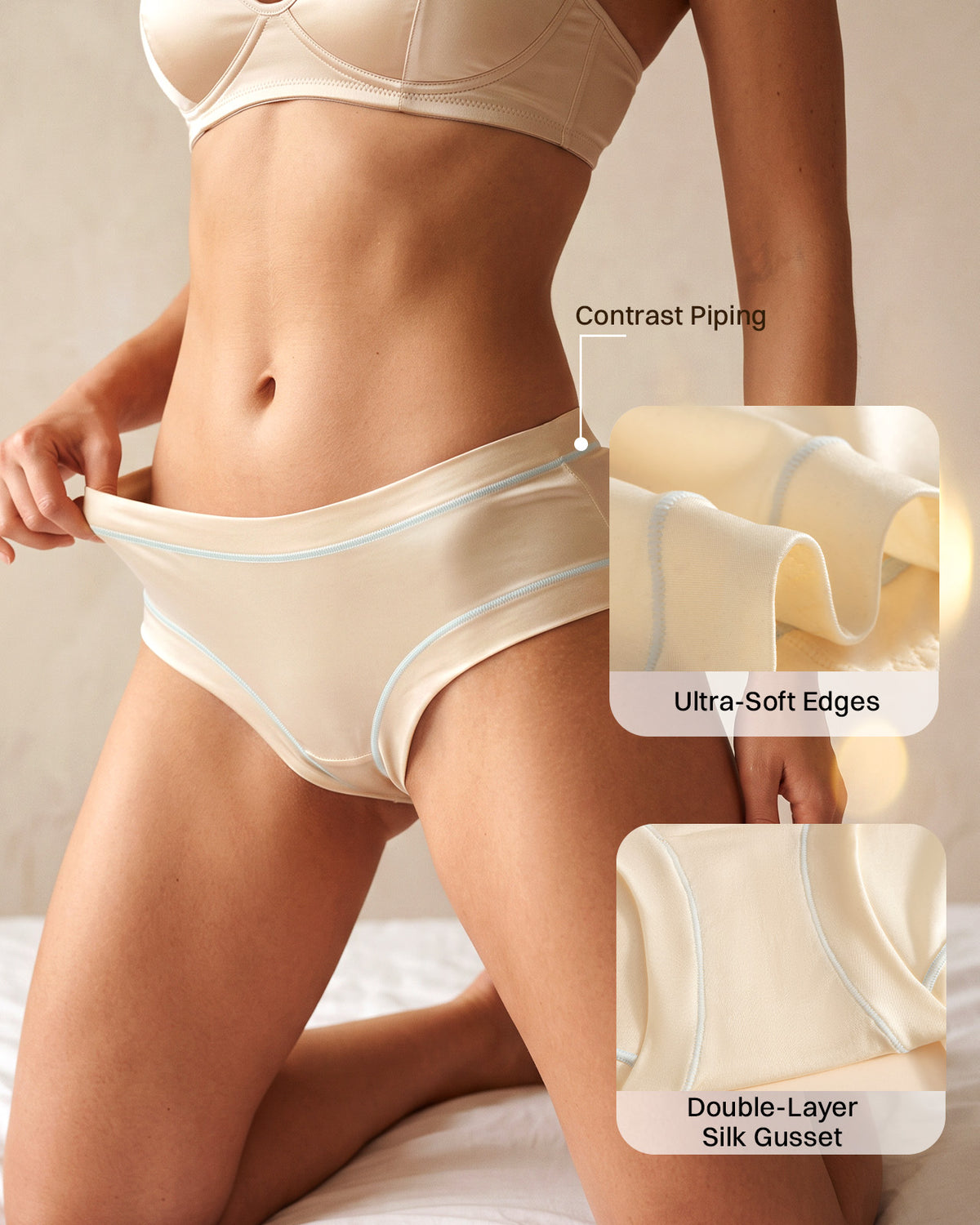 Champagne silk briefs with pale blue stitching, soft edges and double-layer gusset details