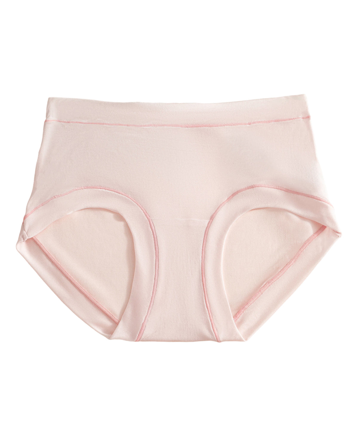 Pink full-coverage silk briefs laid flat, showing contrasting seams