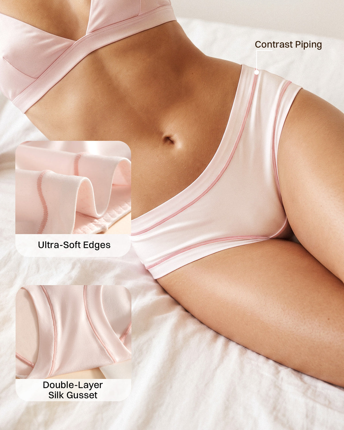 Pink silk briefs with close-ups of contrast stitching, soft edges and double-layer gusset