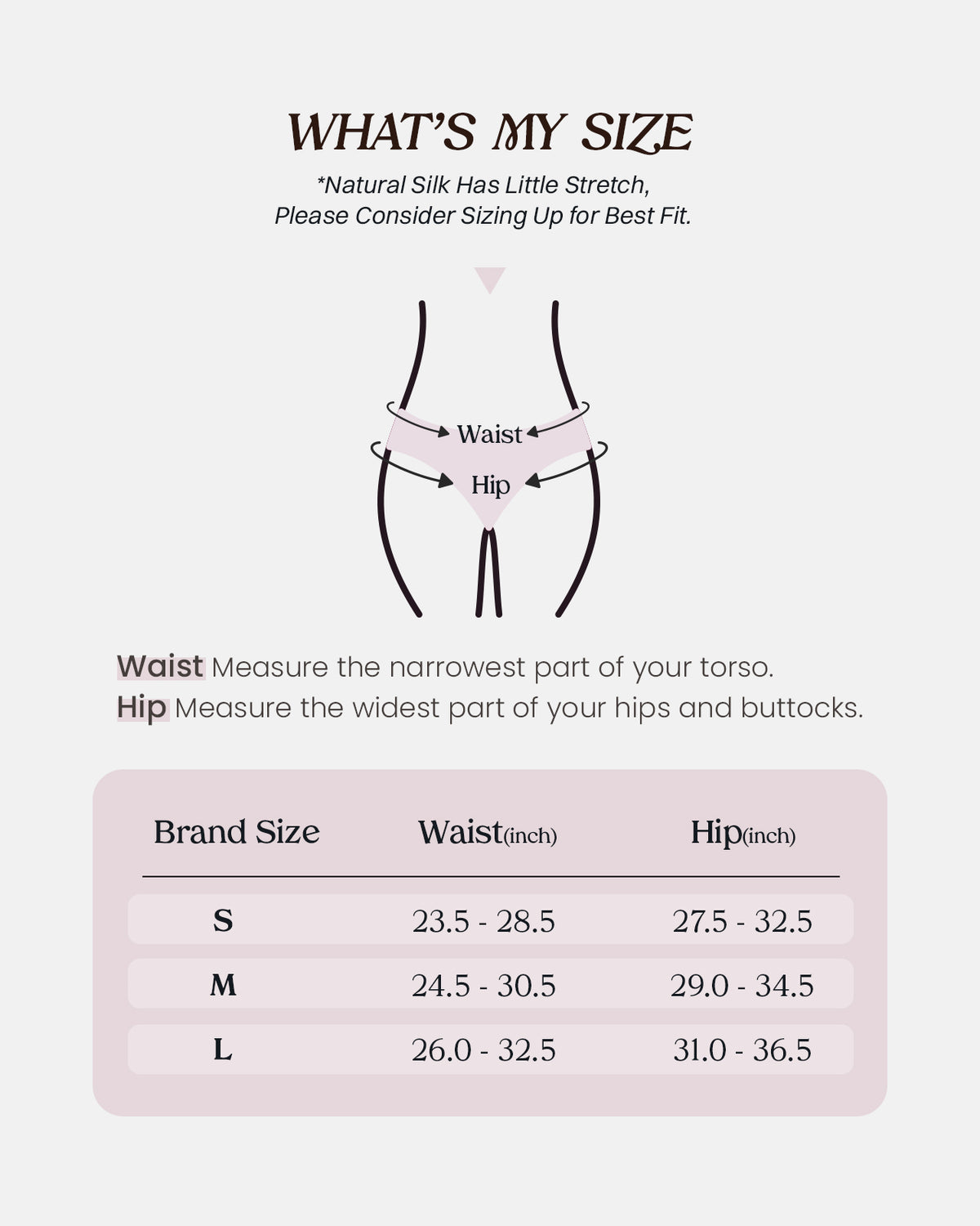 Size chart for silk brief panties in S, M and L, with waist and hip measurements in inches