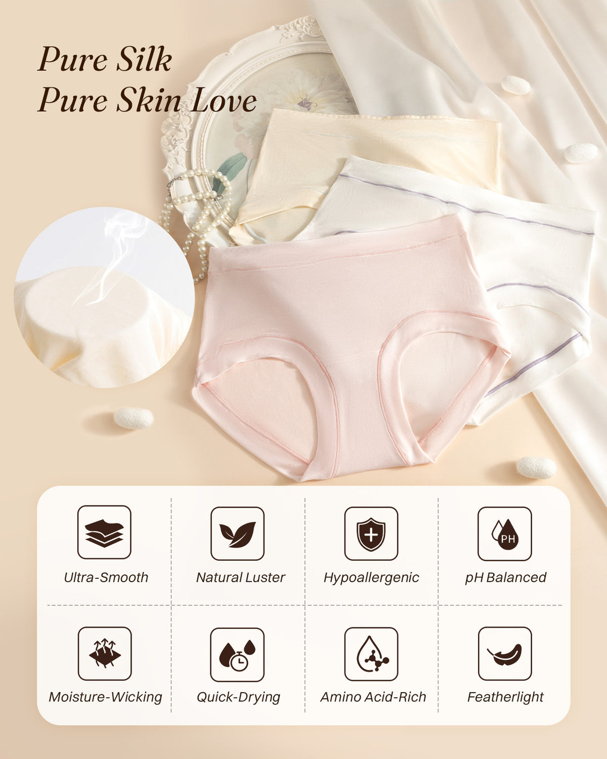 Pink, white and champagne silk briefs with contrast stitching and fabric detail