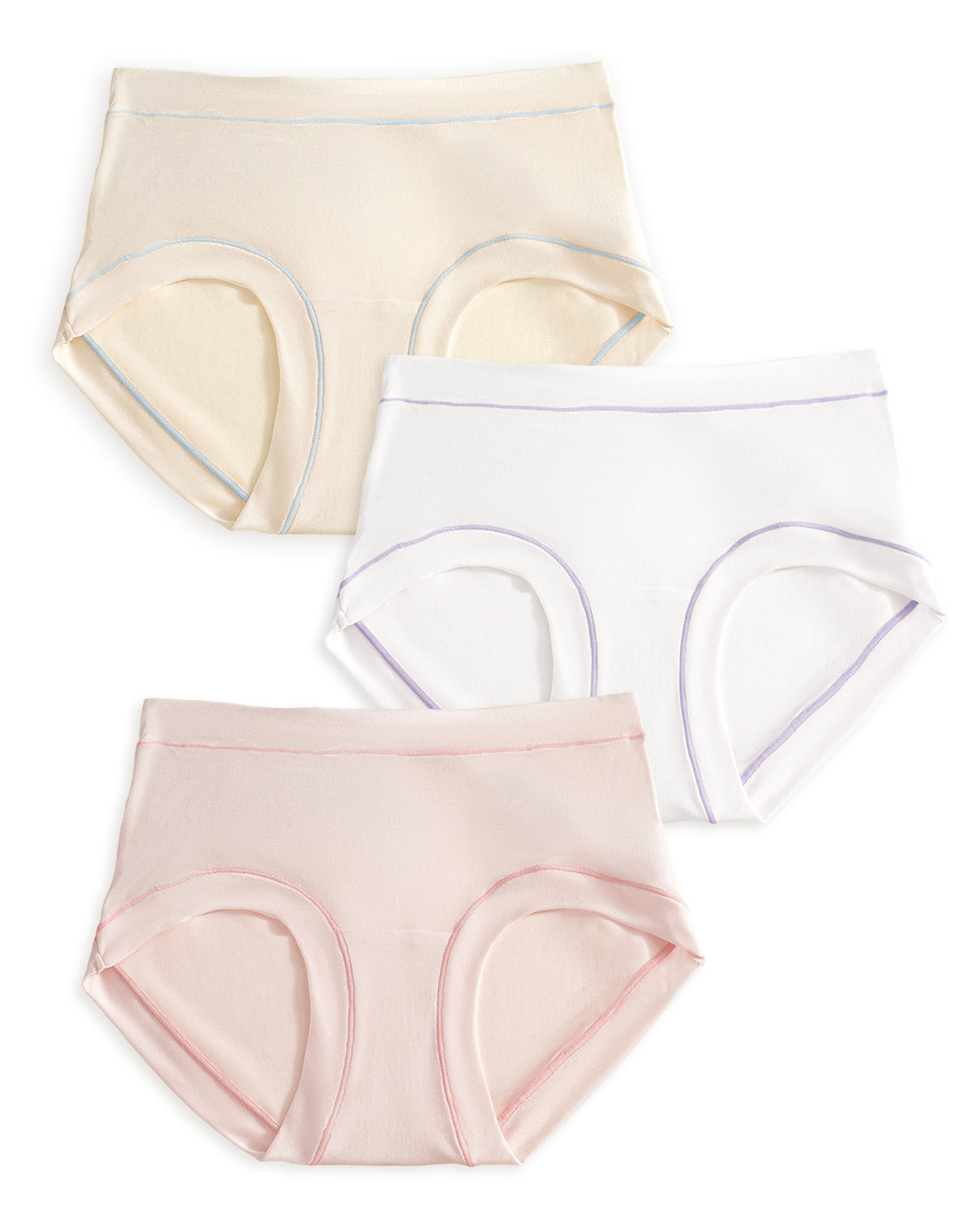 Three-pack of full-coverage mulberry silk briefs in pink, white and champagne with contrast stitching
