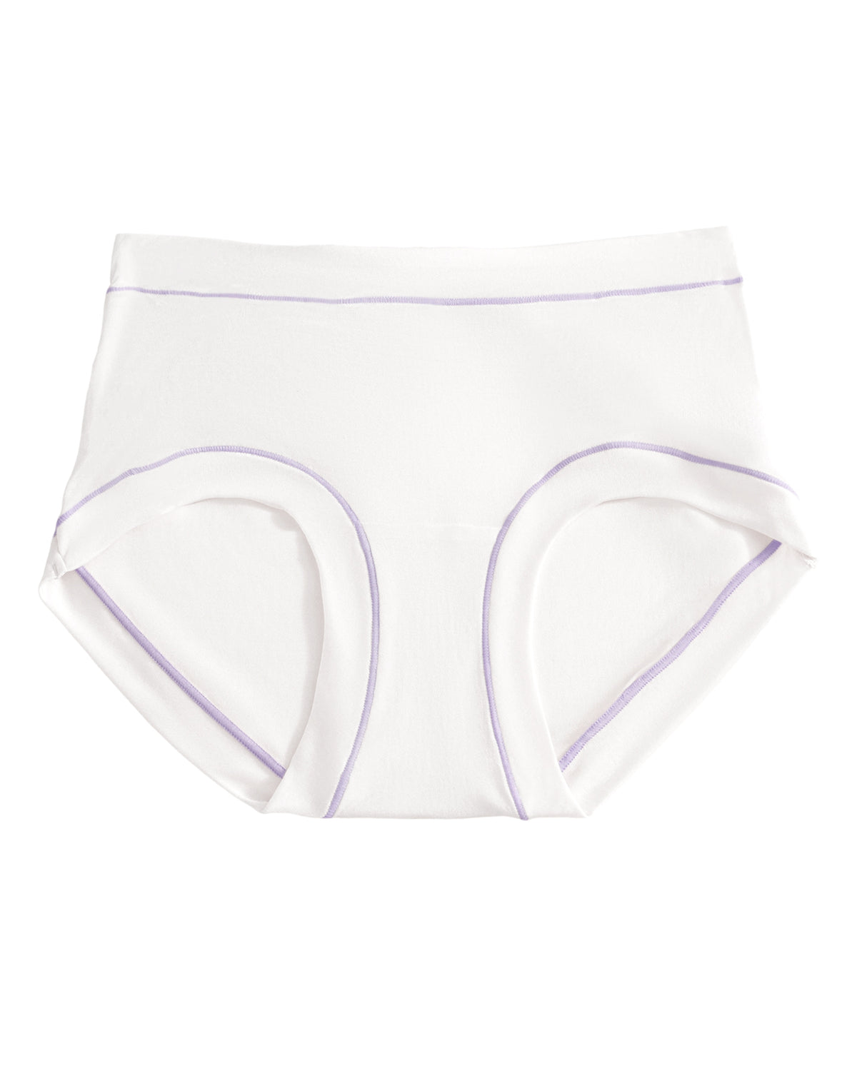 White full-coverage silk briefs laid flat, showing lavender contrast stitching