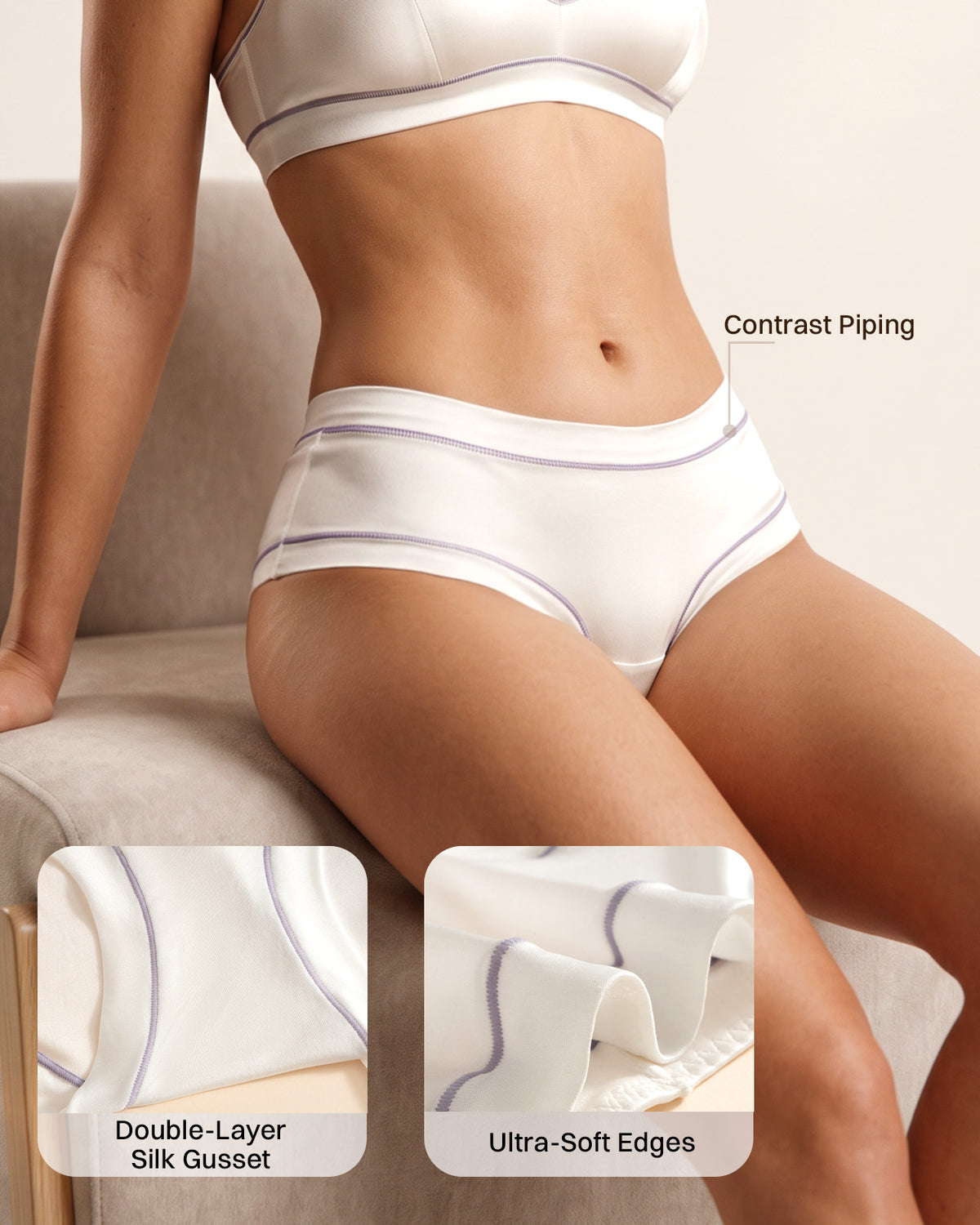 White silk briefs with lavender stitching and close-ups of the soft edges and double-layer gusset