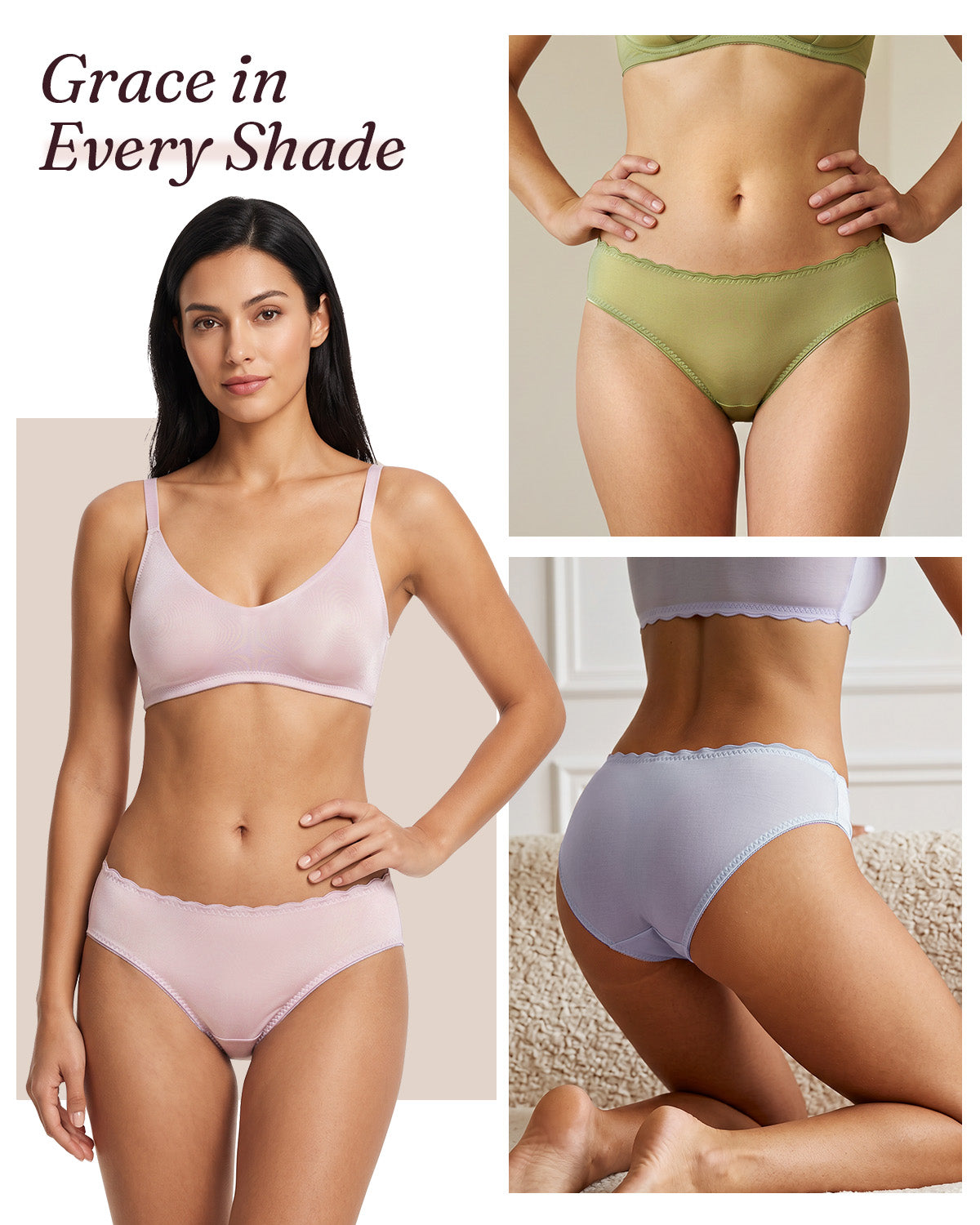 FEELITS KN39 silk briefs shown on models in pink, green and purple, with front and back views.