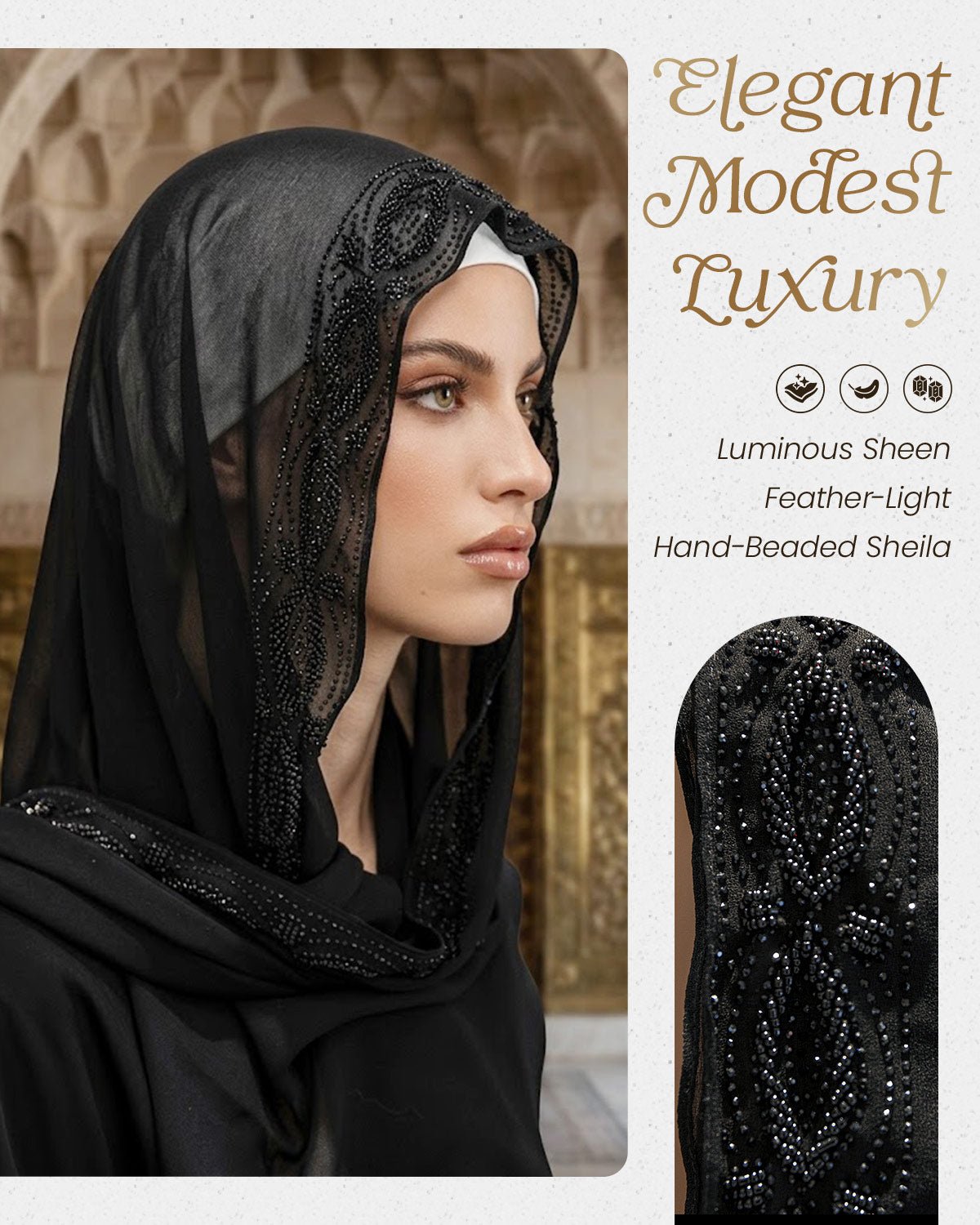 FEELITS TJ01 Embroidered Edge Black Hijab – Lightweight Modest Scarf - FEELITS
