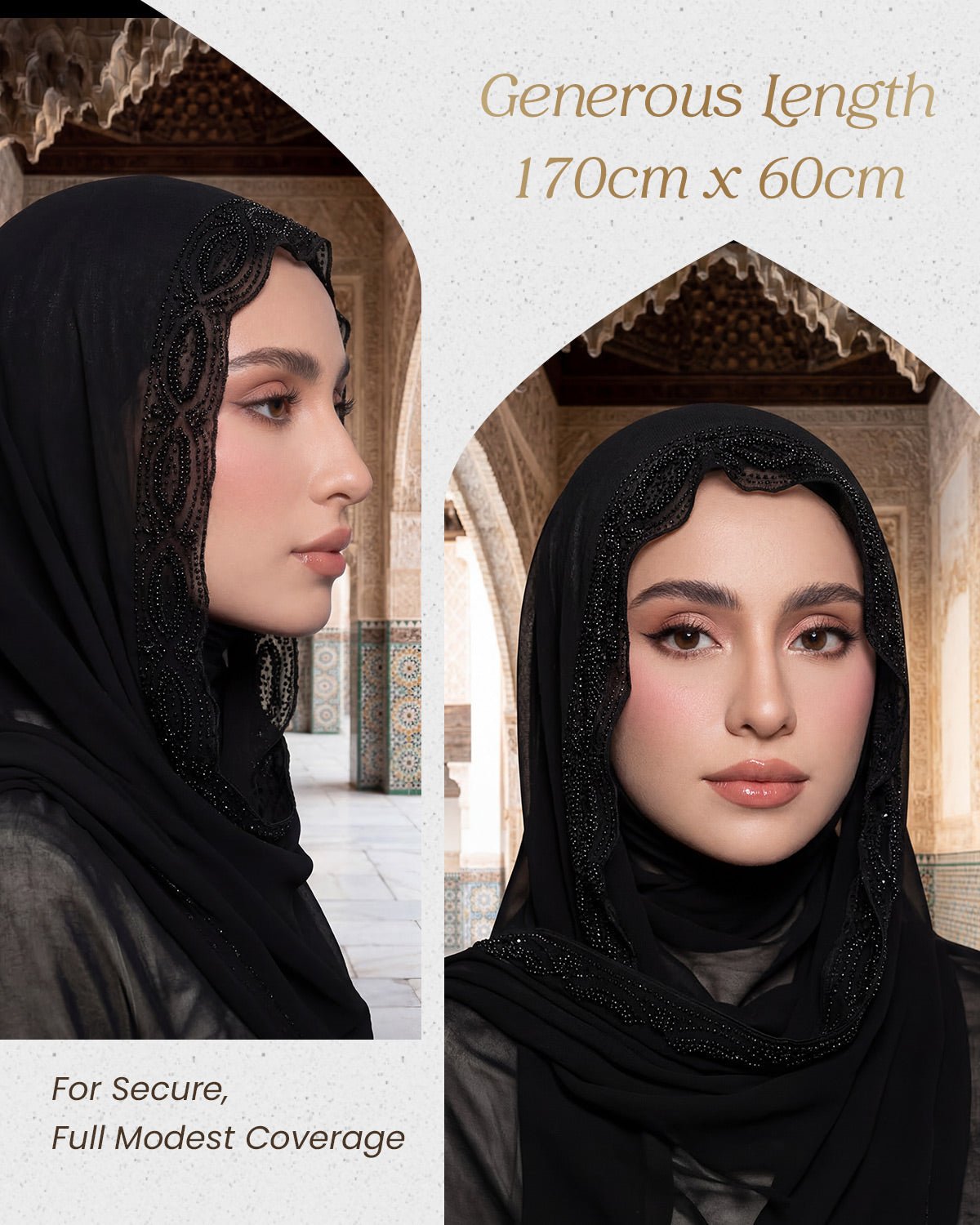 FEELITS TJ01 Embroidered Edge Black Hijab – Lightweight Modest Scarf - FEELITS