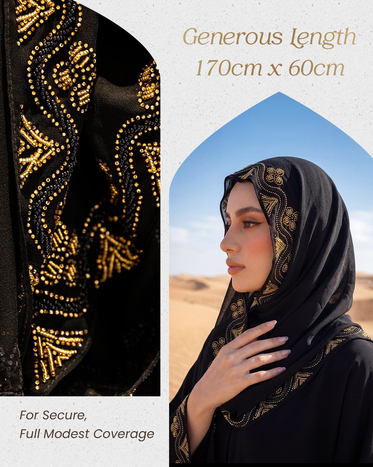 FEELITS TJ04 Gold Embroidered Black Hijab – Arabic Style Modest Scarf - FEELITS