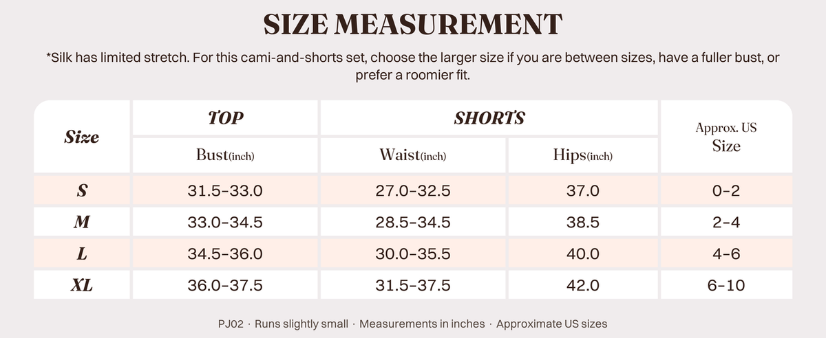 PJ02 updated size chart and fit guidance in inches