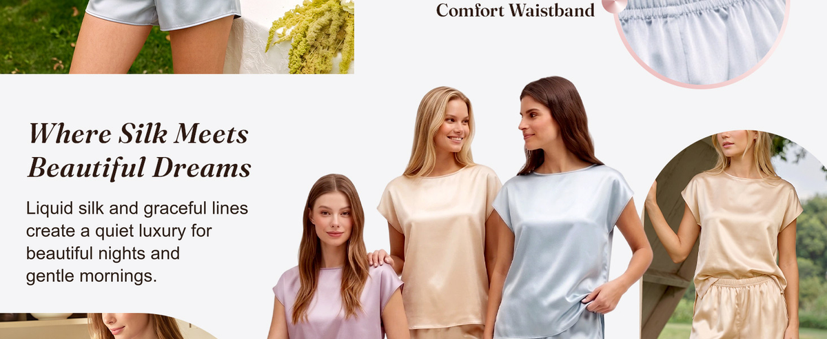 FEELITS PJ05 Pyjama femme en soie de mûrier – Ultra-doux, col bateau & manches courtes drapées