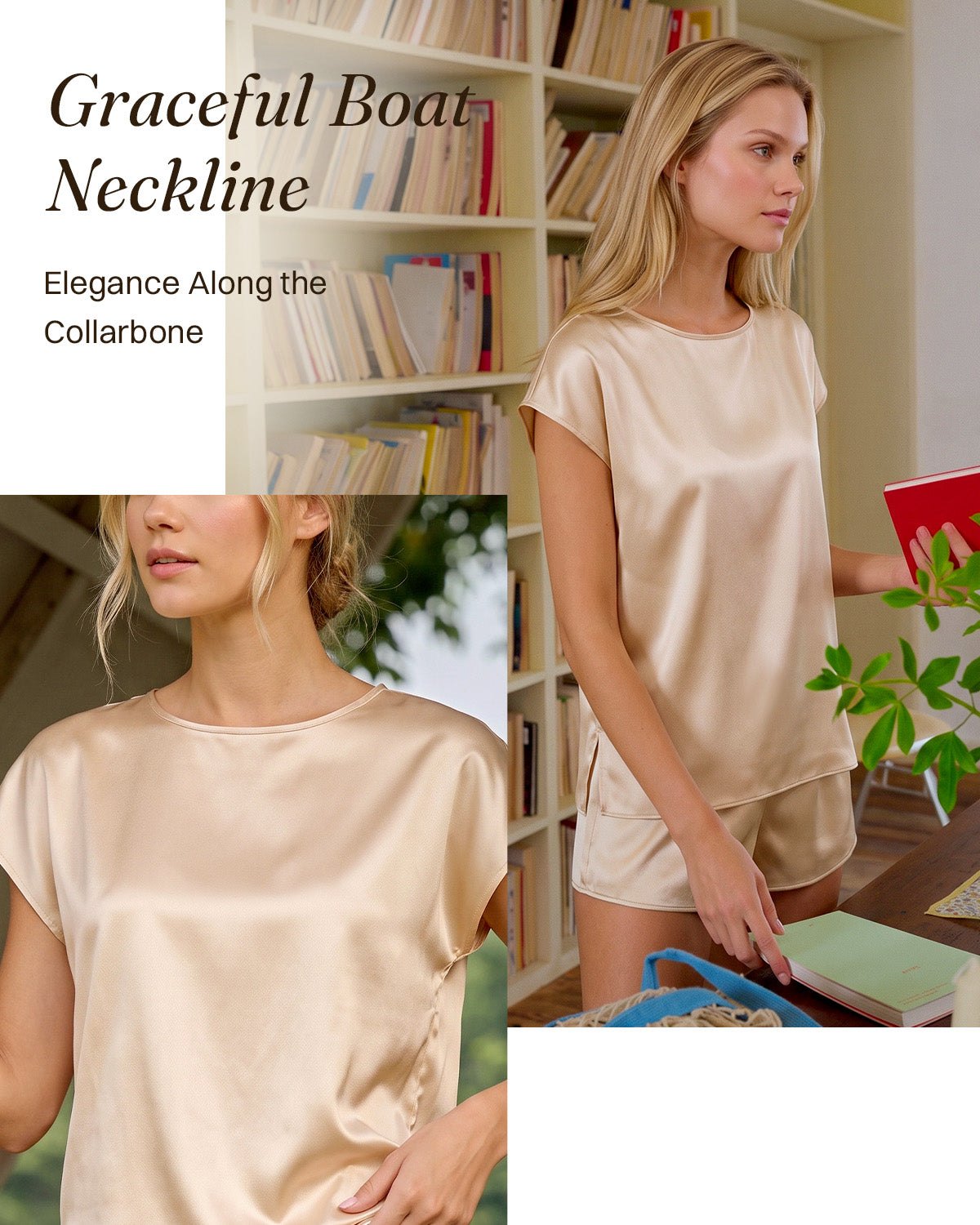 FEELITS PJ05 Pyjama femme en soie de mûrier – Ultra-doux, col bateau & manches courtes drapées