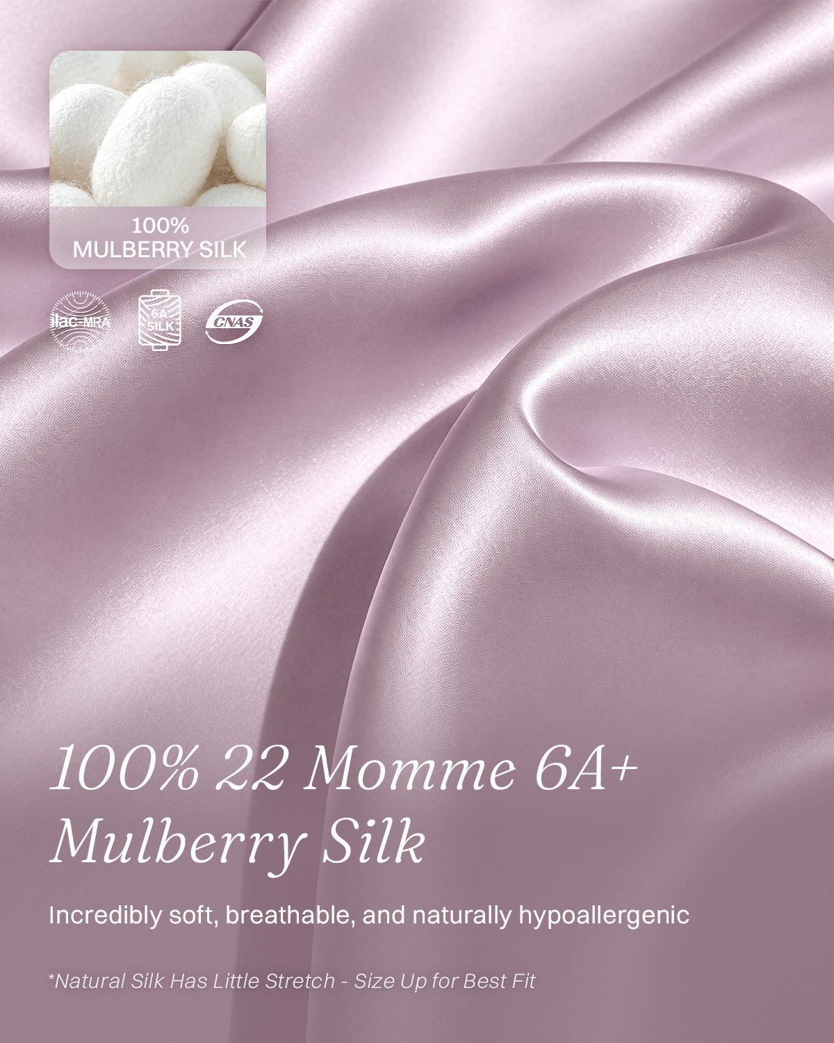 Close-up of the lustrous 22 momme mulberry silk fabric used for the FEELITS PJ05 pajama set, Lilac #Color_Lilac