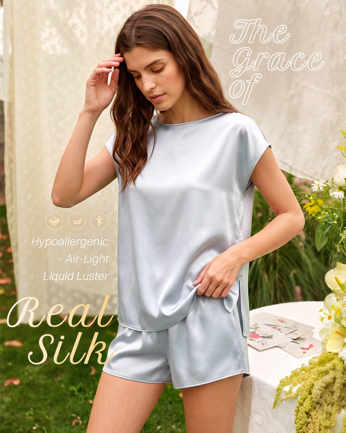 FEELITS PJ05 Pyjama femme en soie de mûrier – Ultra-doux, col bateau & manches courtes drapées