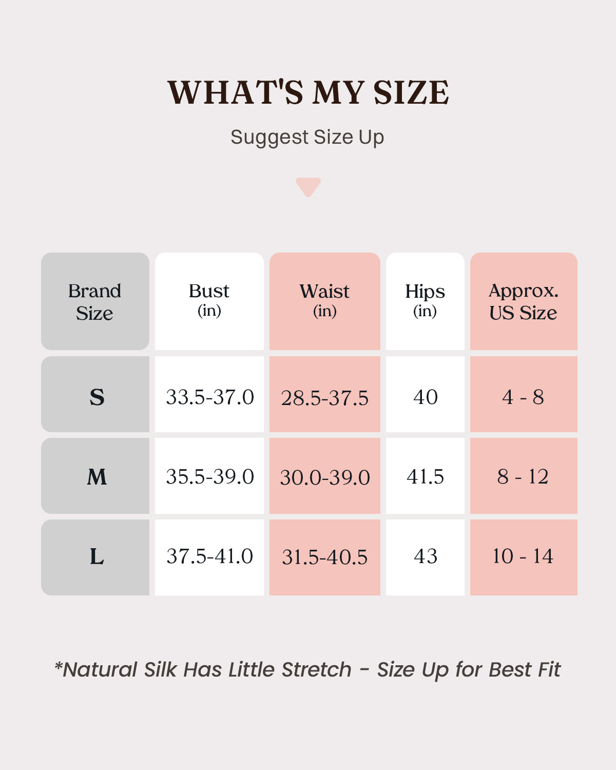 FEELITS PJ05 pajama set size chart in inches for S, M and L, with bust, waist, hips and approximate US sizes