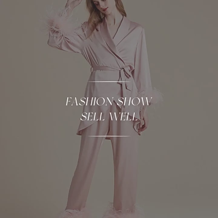 FEELITS PA14 3-teiliges Maulbeerseiden-Pyjama-Set – Camisole, Hose & Federbesetzter Morgenmantel