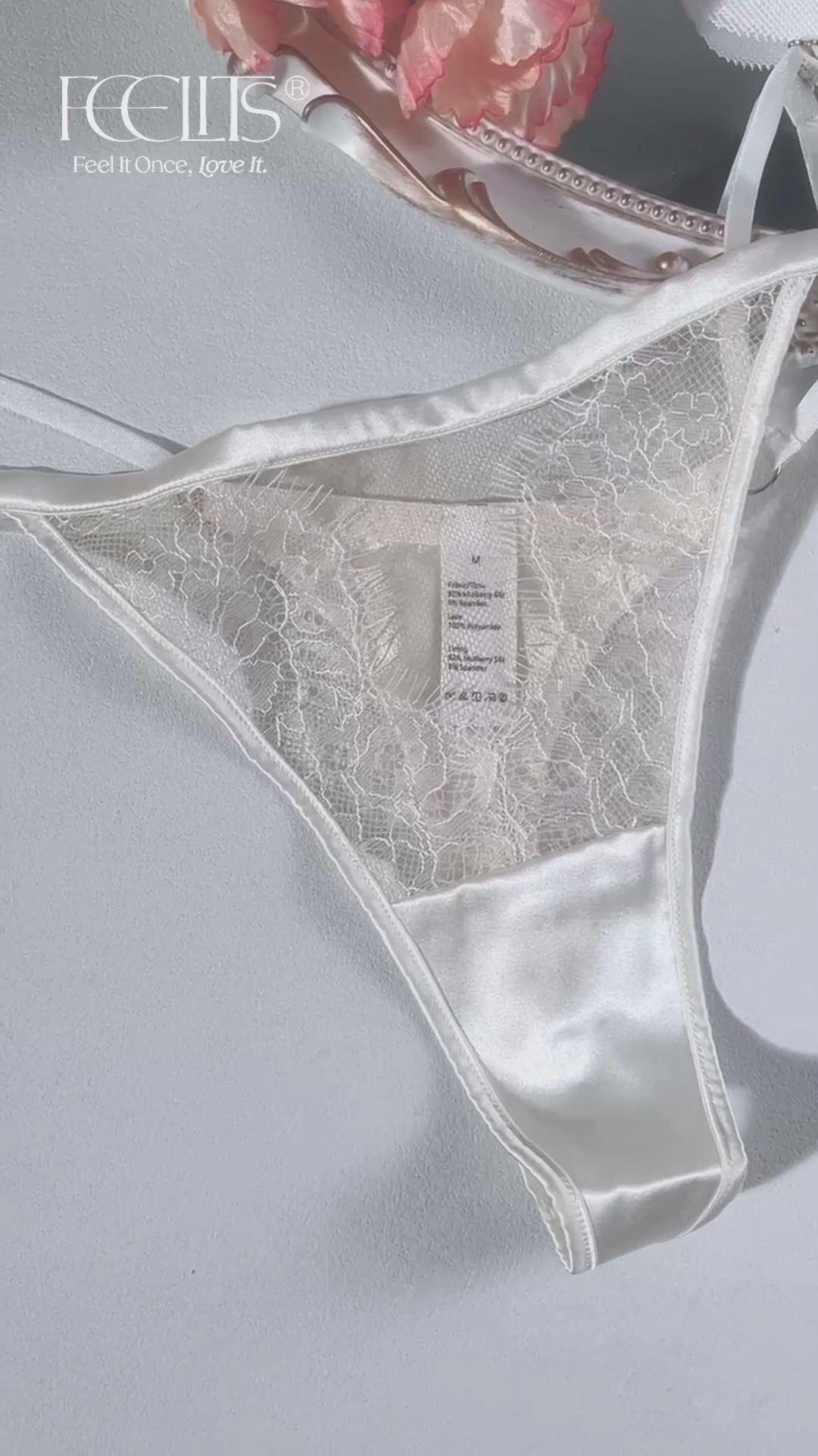 FEELITS TH05 Low-Rise Silk Lace T-Back Thong – 100% Mulberry Silk, Adjustable & No-Show