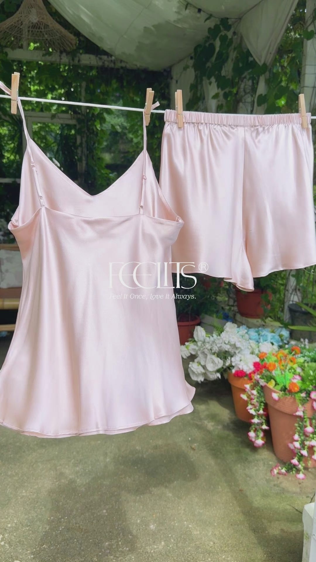 FEELITS PJ02 19 Momme Mulberry Silk V-Neck Cami & Shorts Set – Adjustable Spaghetti Strap Pajama Set - FEELITS